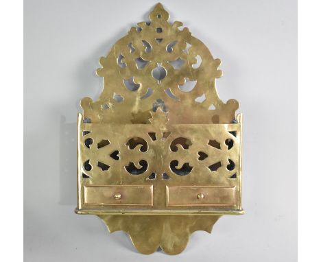 A Victorian Wall Hanging Pierced Brass Two Section Tantalus with Two Small Drawers to base, Perhaps Ecclesiastic for Holy Wat