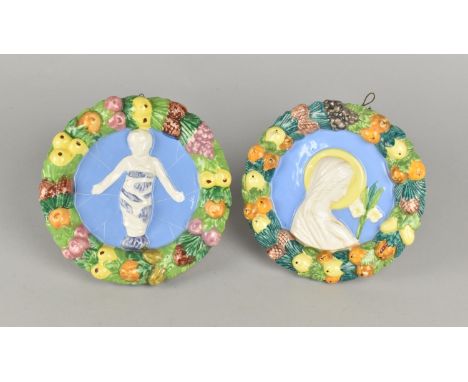 Two Mid Century Italian Majolica Della Robbia Style Circular Wall Plaques, Madonna and Child and Baby Jesus, 16cm Diameter