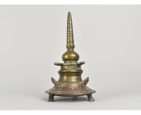 A Mid/Late 19th Century South Indian Bronze Inkwell of Pagoda Form with Quill Holders, to Top and Bottom and Three Feet, 20cm