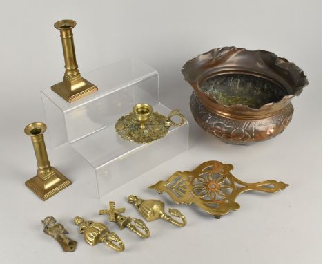 A Collection of Various Brass to Comprise Bedchamber Stick with Rose Relief Decoration, Pair of Candlesticks, Dutch Motif Hoo