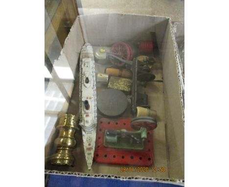 BOX CONTAINING MIXED PEWTER QUEEN ELIZABETH BATTLESHIP, MINIATURE OIL LAMP, MECCANO TYPE STEAM ENGINE ETC