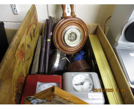 BOX CONTAINING MIXED THERMOMETER, BAROMETER, MIXED MODERN CLOCKS ETC
