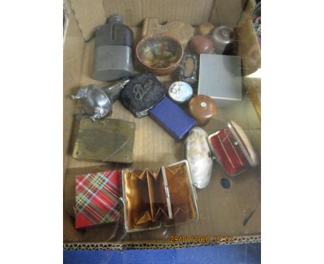 BOX CONTAINING MIXED HIP FLASK, PURSES, BOWL ETC