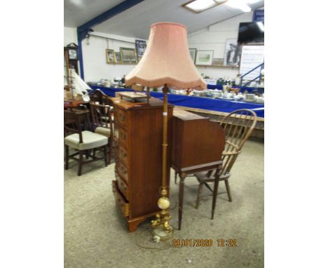 BRASS STANDARD LAMP WITH PUCE SHADE WITH PUTTI AND MARBLE MOUNTED BASE