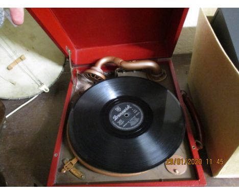 RED REXINE CASED BRUNSWICK PORTABLE RECORD PLAYER