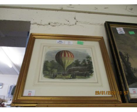 ANTIQUE HAND COLOURED BOOK PLATE "BALLOON ASCENT AT VAUXHALL GARDENS 1849", 16 X 21CM
