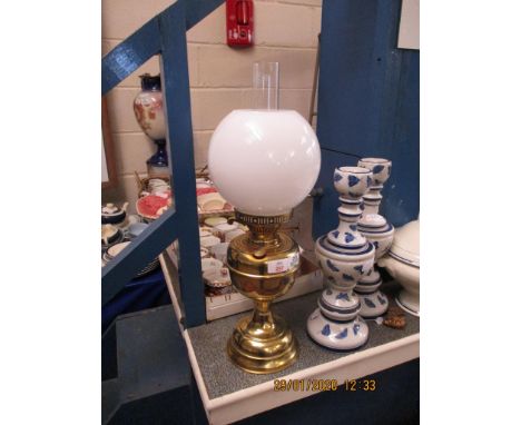 VICTORIAN BRASS TYPE OIL LAMP WITH OPAQUE SHADE