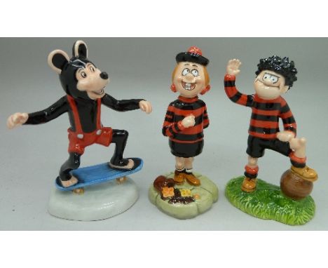 Four Beswick comic character figures, Dennis the Menace, Minnie the Minx, Desperate Dan and Biffa the Bear, a Robert Harrap B