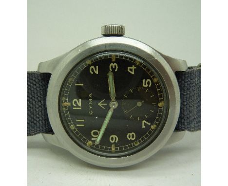 A gentleman's Cyma military wristwatch, the case back stamped with broad arrow and W.W.W. P19244 24244