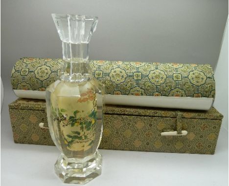 A Chinese scroll, fan and a glass vase, height of vase 22cm