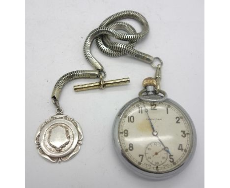 A Leonidas military pocket watch with fob and chain, the case back marked with broad arrow, G.S.T.P. N7406