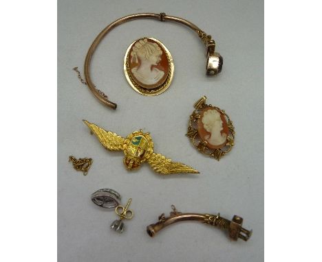A 9ct gold and enamel wing brooch, a 9ct gold mounted cameo brooch, a 9ct gold mounted cameo pendant, an 18ct gold and diamon