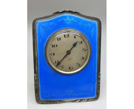 A blue guilloche enamel 8-day desk clock, height 11.5cm