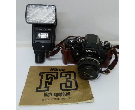 A Nikon F3 35mm camera and a Nikon Speedlight flash gun