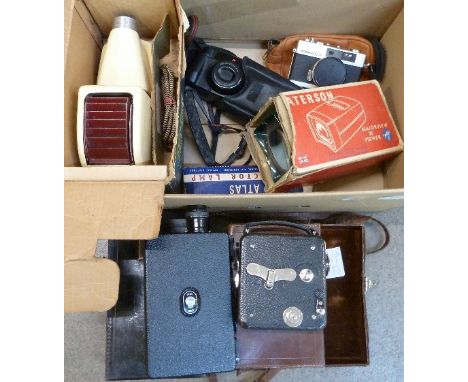 Two cine cameras including Kodak and Pathescope, two slide projectors, a Pentax camera, etc.
