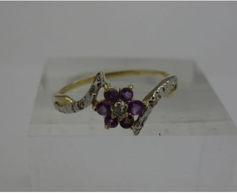 A 9ct gold, amethyst and diamond ring, weight 1g, size O