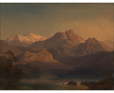 Deutsch -- 1846. Alpenlandschaft mit See.Öl auf Leinwand. 30,1 x 29,8 cm. Unten rechts unleserlich bezeichnet und datiert "K.