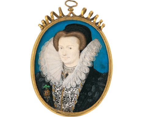 Hilliard, Nicholas -- Miniatur Portrait einer jungen Frau mit schwarzer Haube im braunen Haar, in schwarz besticktem, weißem 
