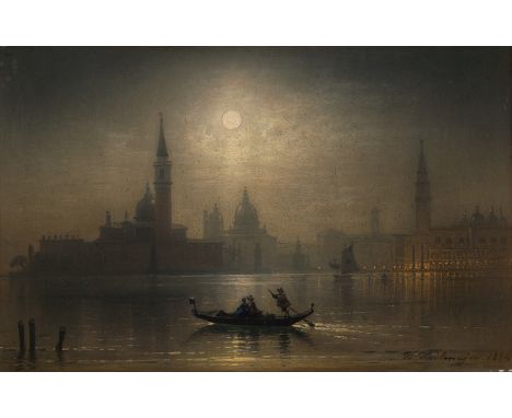 Heilmayer, Karl -- Vollmond über der Lagune von Venedig.Öl auf Holz, parkettiert. 21,5 x 33,2 cm. Signiert und datiert unten 