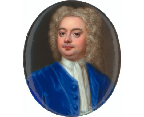 Zincke, Christian Friedrich -- Miniatur Portrait eines jungen Mannes mit hell gepuderter Perücke, in blauer Jacke und langer,