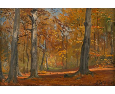 Koerner, Ernst Carl Eugen -- Sonniger Herbsttag bei einer Waldlichtung.Öl auf Leinwand, auf Malpappe kaschiert. 21 x 31,5 cm.