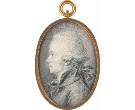 Französisch -- um 1790/1792. Miniatur Portrait eines jungen Mannes mit gepuderter Perücke, im Profil nach links. Graphit auf 