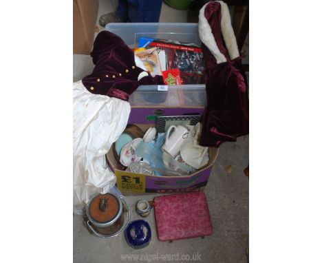 A plastic box of books and mixed china, child's bridesmaid dress and cloak, etc.