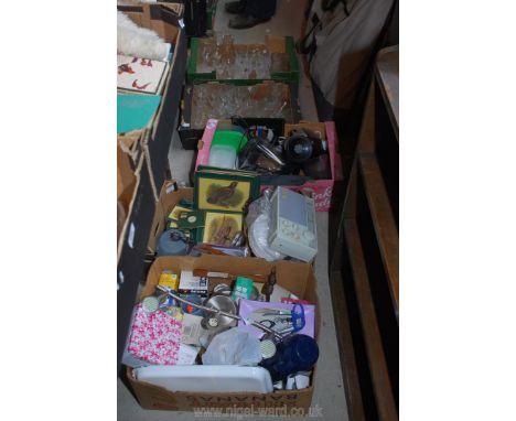 Five boxes of glasses, kitchenware, place mats, radio etc.