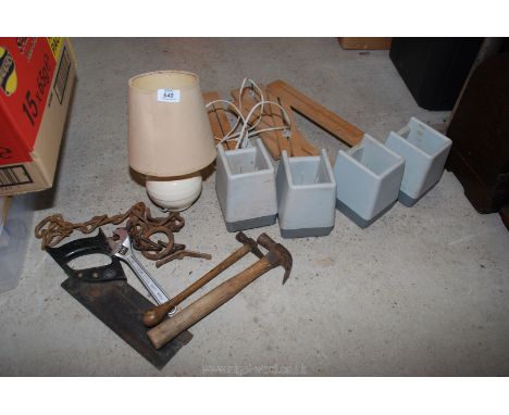 Chair risers, lamp, tools, cow tie chain, etc.