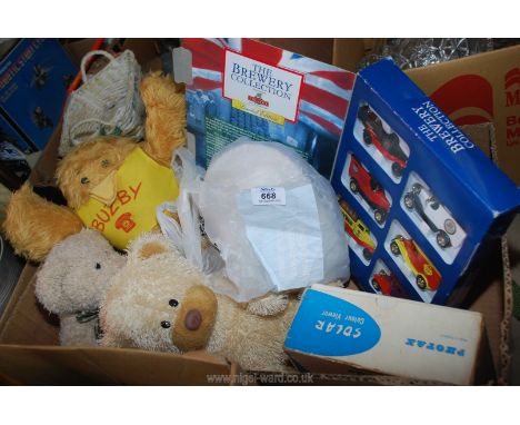 A box of Teddies including vintage 'BT Buzby', Diecast vans etc.
