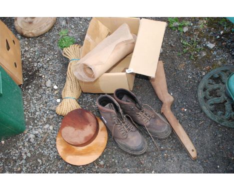 A pair of work boots (size 13), gun stock, rope etc.