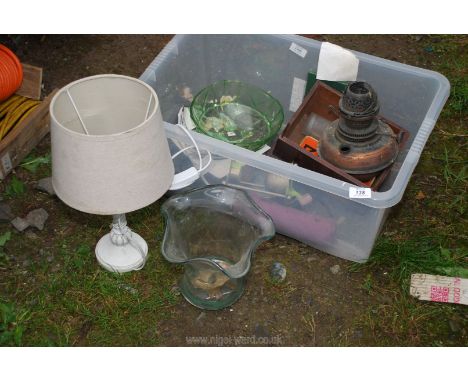 A quantity of miscellanea including glass vase with wavy shaped rim, lamp, copper lamp base, etc.