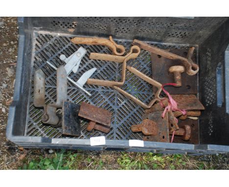 A tray of gate hinges and catches.