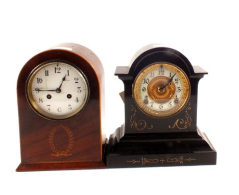 An Edwardian inlaid mahogany mantel clock plus a black metal cased clock