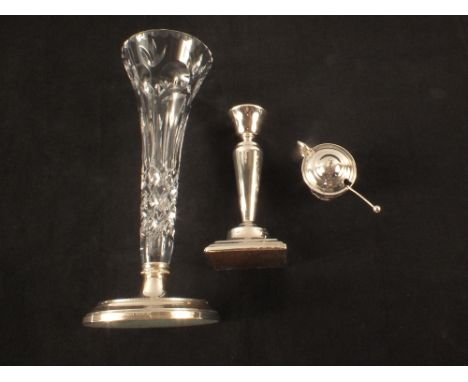 A cut glass silver mounted vase, a candlestick and a mustard pot