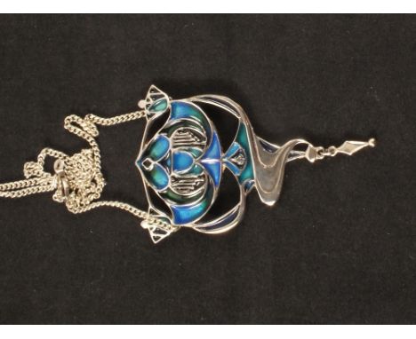 A large silver pendant with enamelled decoration in Art Nouveau style by Pat Cheney