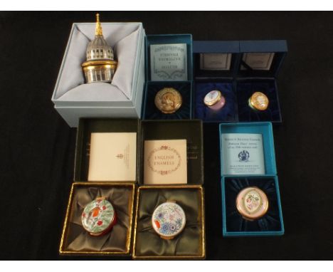 Seven various Halcyon Days enamel boxes, one musical