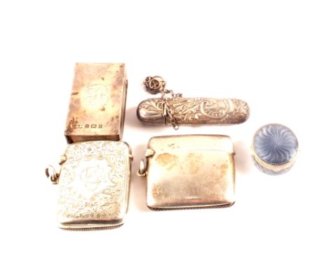 Two silver vestas, match holder, needle case plus a mauve enamel pill box (as found)