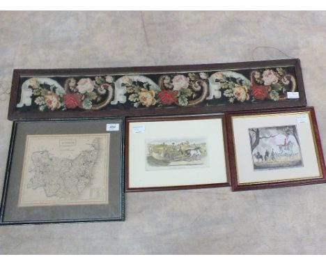 A map of Suffolk engraved by S.Hall, floral tapestry plus two other pictures