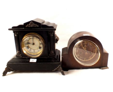 A Victorian ebonised mantel clock plus an oak mantel clock