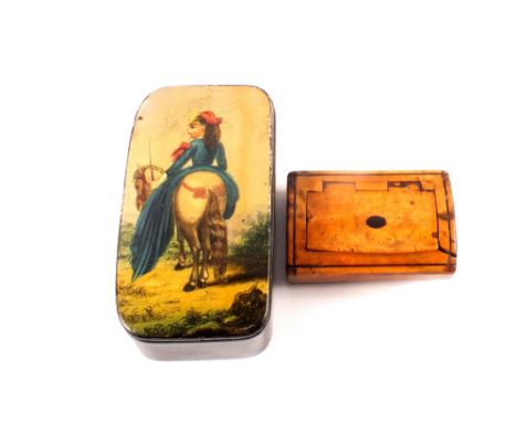 A Victorian papier mache snuff box with lady rider and horse decoration plus a fruitwood snuff box