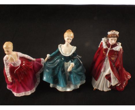 Royal Doulton figurines, Fiona HN 2694, Janine HN 2461, Top O The Hill HN 1849, two Royal Worcester Queens 80th birthday plus