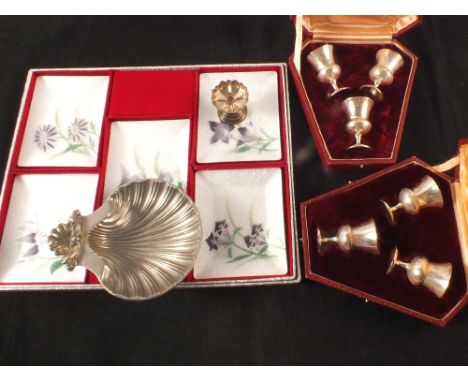 A set of five collectors enamel dishes plus other items of silver plate
