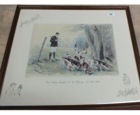 Ros Goody framed print titled 'The Cheshire Beagles at the Riddings, Lea Green Hall', signed bottom right, 258/600, 18" x 22 