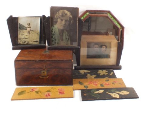 A walnut writing box (interior missing), three Art Deco picture frames, a mirror plus four floral painted panels signed L.I.M