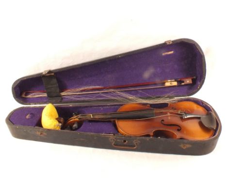 A Stradivarius copy violin and bow in case, label inside body ready Antonius Stradivarius Cremonensis