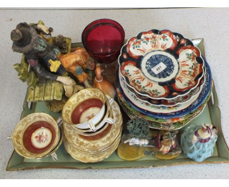 A mixed lot of various china including Imari plates, Spode, Soapstone figures, Dresden figure etc