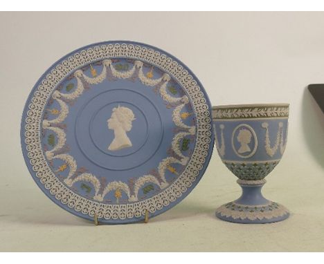 Wedgwood portrait goblet in tri colour Jasperware: Height 12.5cm together with a tri colour plate. 