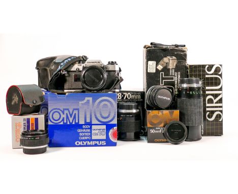 Olympus OM-10 35mm film camera body &amp; case: 50mm F1.8 Lens, Sirus 80-200mm lens, similar 28-70mm lens together with Nissi