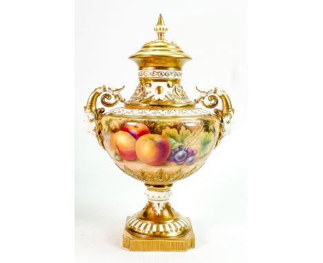 Royal Worcester two handled gilded vase &amp; cover: Hand painted all around with fruit by P Stanley, shape 1572 height 28cm.